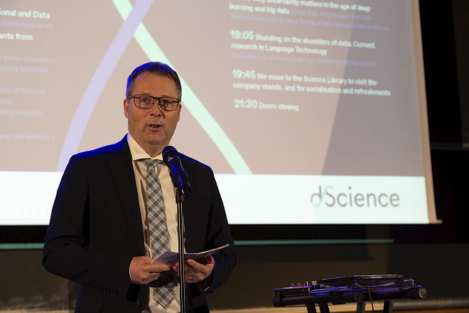 Bj?rn Arild Gram,?Minister of Local Government and District Policy, officially opened dScience on October 27. Photo: Yngve Vogt