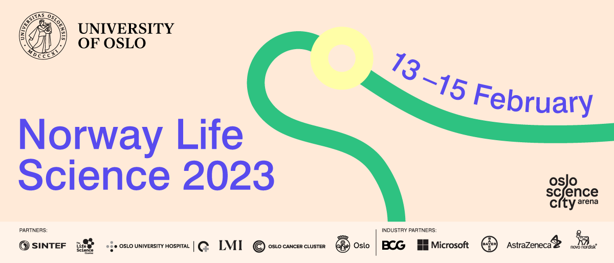Banner with "Norway Life Science 2023" and 13-15 February in print on peach background