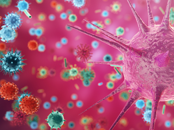 Photo illustration of cells and viruses from?Colourbox.com.