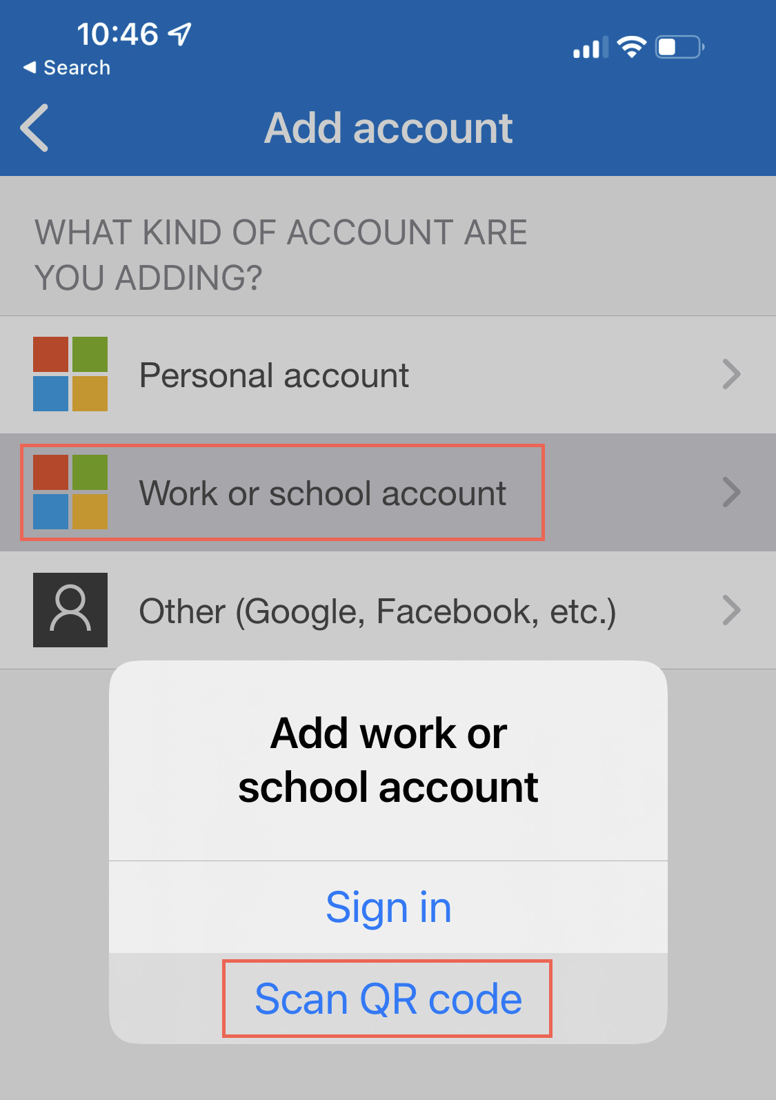 Screenshot of Microsoft Authenticator on phone - adding an account