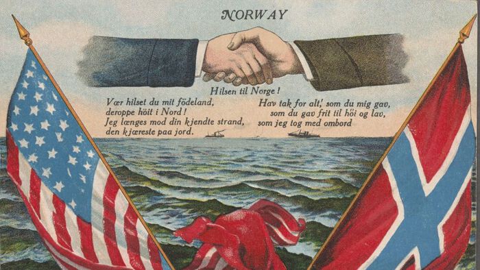 An American flag and a Norwegian flag. In the background there is a sea with a couple of boats far away. At the top there are two hands giving each other a handshake. In the middle of the picture, there is a text written in an older Norwegian language, which translates to: "Greetings to Norway. Be greeted, my homeland high up in the North! I long for your familiar shore, the dearest on earth. Thank you for everything you gave me, freely to high and low, which I took on board." Illustration.