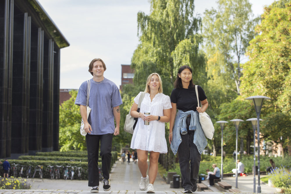 smilende studenter som spaserer, med campus i bakgrunn og gr?nne omgivelser rundt seg