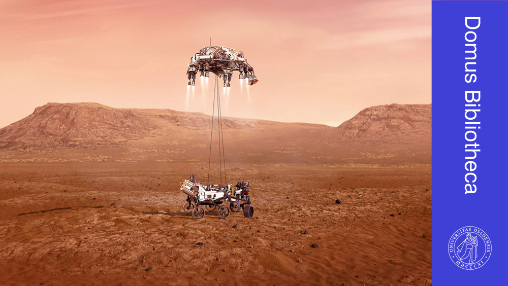 Illustrasjon som viser en drone som senker ned Mars-roveren til bakken.