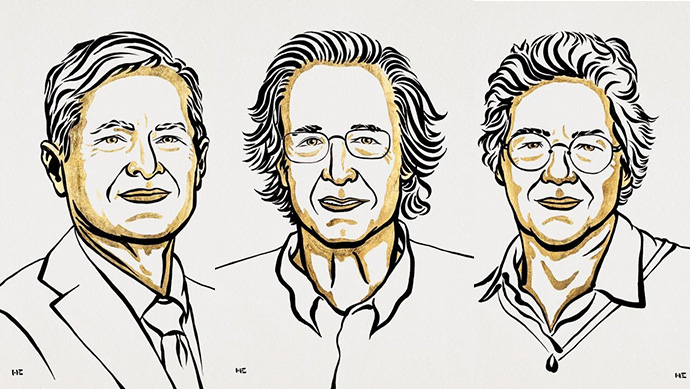 Portretttegninger av de tre nobelprisvinnerne i fysikk
