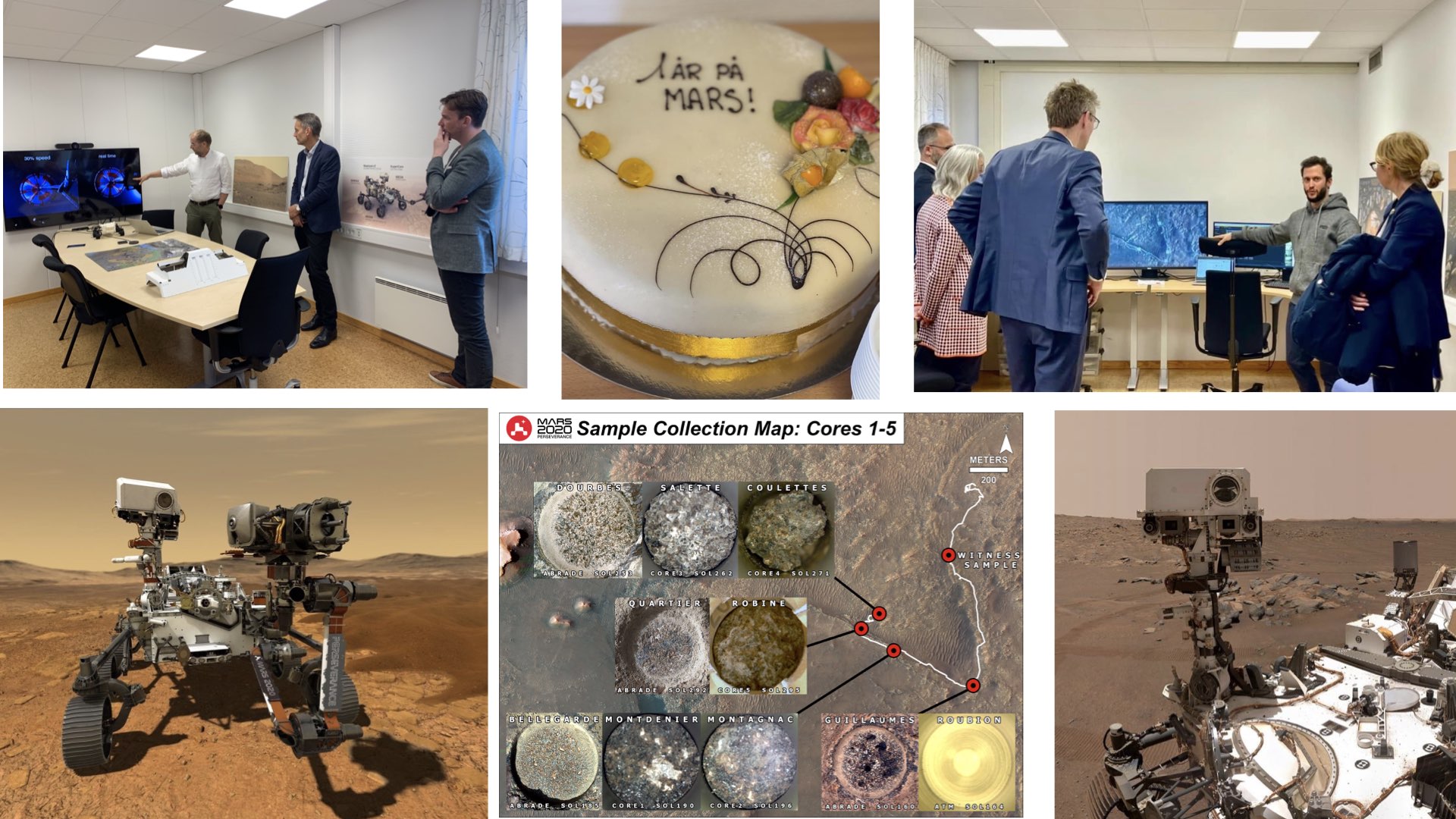 En samling bilder fra forskning og samlinger rundt romfartsteknologi, blant annet bildet av roveren p? Mars, dens funn og forskere som er samlet og ser p? direktesending av landingen av roveren.