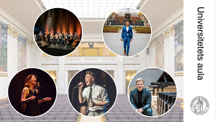 Collage med fem bilder av musikere med Aula-salen som bakgrunn