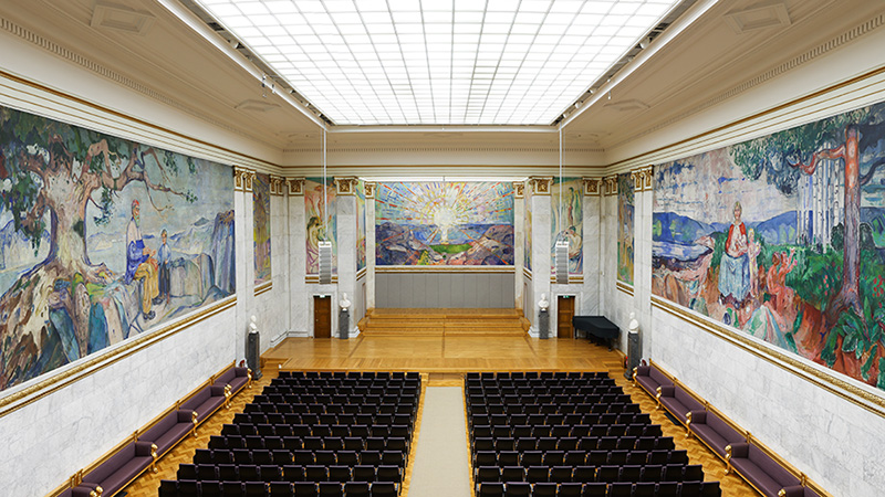 Panorama from the University Aula showing many of Munch's paintings