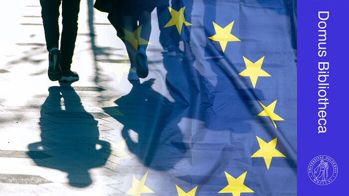 Collage med EU-flagg og bena til mennesker som g?r