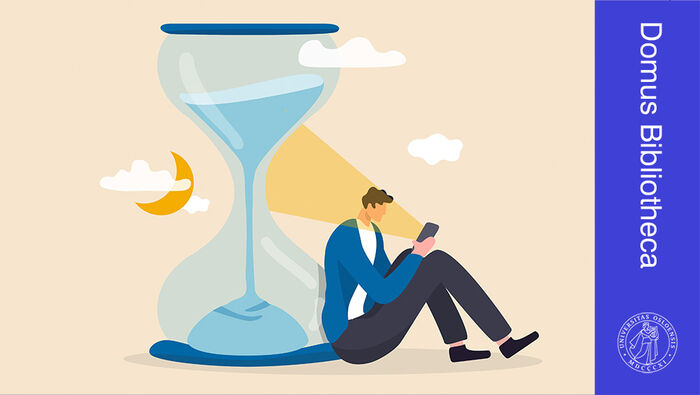 Illustrasjon med mann som sitter med en mobiltelefon og lener seg mot et timeglass