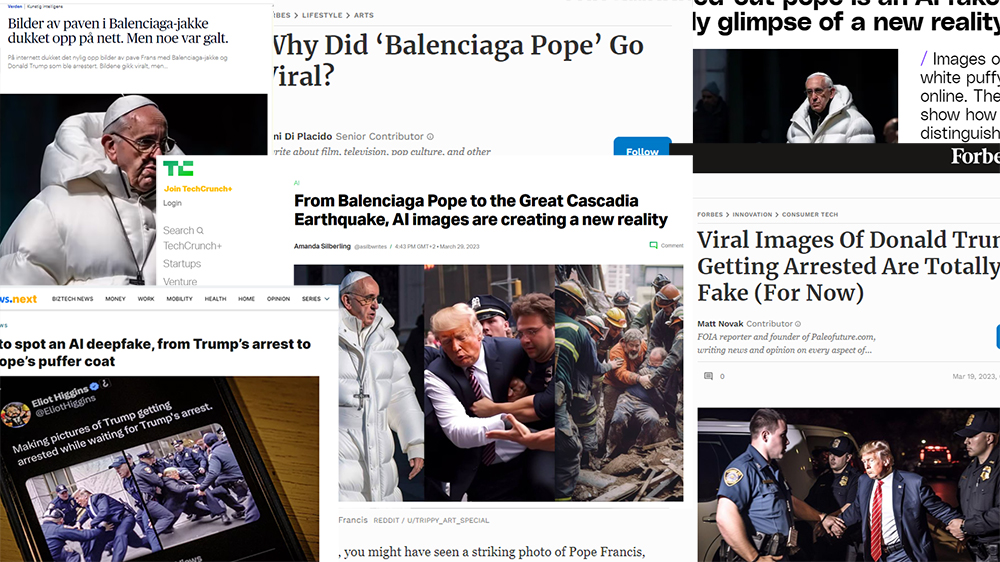 Faksimile av seks ulike nyhetssaker som viser bilde av en gammel mann i stor hvit boblejakke og en mann i dress som blir arrestert av politi.