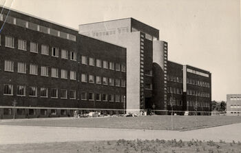 Nyplantet vegetasjon foran Fysikkbygningens nordfasade. Bildet er tatt for arkitektene Bryn og Ellefsen i 1935.