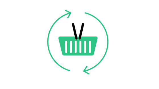 Illustration of a shopping cart. Two arrows are creating a circle around it. 