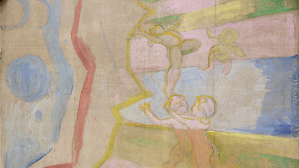 Utsnitt fra Munchs Genier i lysflommen med sm? tykke svevende skyts?nder