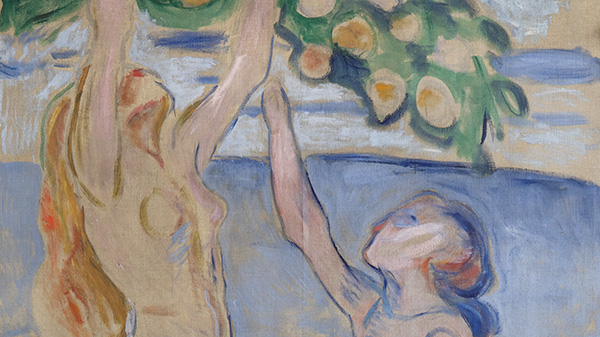 Utsnitt fra Edvard Munchs maleri med to kvinner i duse farger som h?ster epler