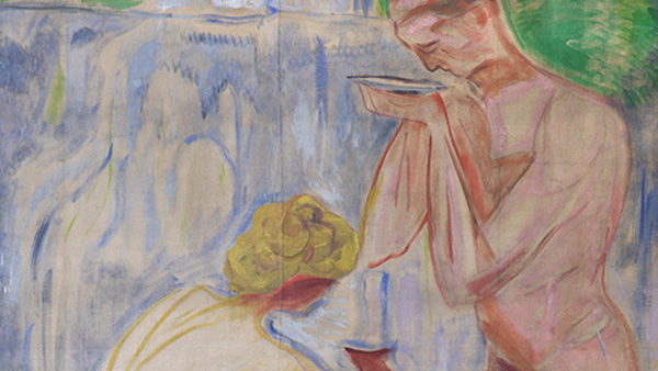 Excerpt from Edvard Munch's painting The Source with a man and a woman drinking from a waterfall