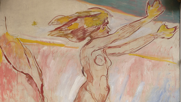 Excerpt from Munch's painting of a woman in reddish colors stretching towards the sun