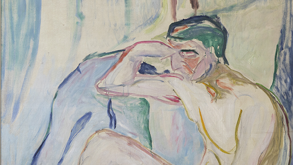 Utdrag fra Munchs maleri av en mann malt i bl?toner som speider mot solen