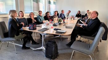 Professor, Vice Dean for Research and Head of RITMO&#39;s board, Mathilde Skoie, opens the Scientific Advisory Board meeting. Around half of the participants were able to come to Oslo, while the others participated online. The most important topics were the upcoming midterm evaluation and RITMO&#39;s legacy process.