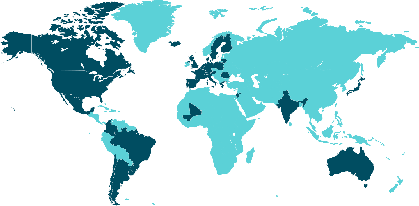 World map showing the countries where RITMO researchers have partners and collaborations.