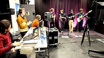 The fourMs Lab is actively used for research experiments and also serves as a hub for networked music performances. Here, a group of master&#39;s students in the Music, Communication &amp;#38; Technology program runs a concert with a band composed of pupils from nearby Edvard Munch High School. Such events help promote our education and research activities to prospective students.