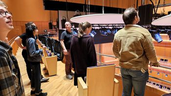 Orchestra producer Eirik Oliver shows the RITMO around in the extraordinary functional Stavanger Concert Hall.