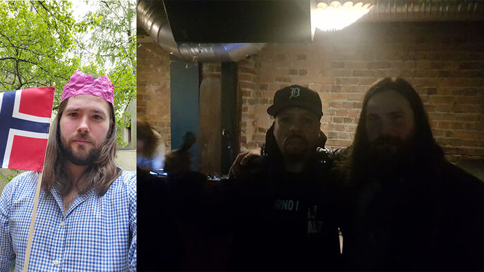 Two images showing Connor Spiech on the left with a Norwegian flag, and a pink paper hat on his head. The right picture shows DJ Assault and Connor Spiech in a dimly lit area.