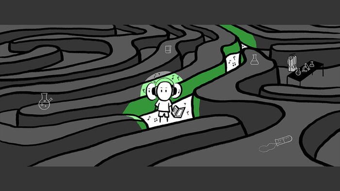 Drawing of a person with headphones on the head, a laptop in their hand, and musical notes around them. They are in a grey labyrinth, with a green trail behind them. Scattered across the labyrinth are several beakers, Erlenmeyer flasks and graduated cylinders, as well as some labcoats hung next to a table with more flasks and a microscope on it.