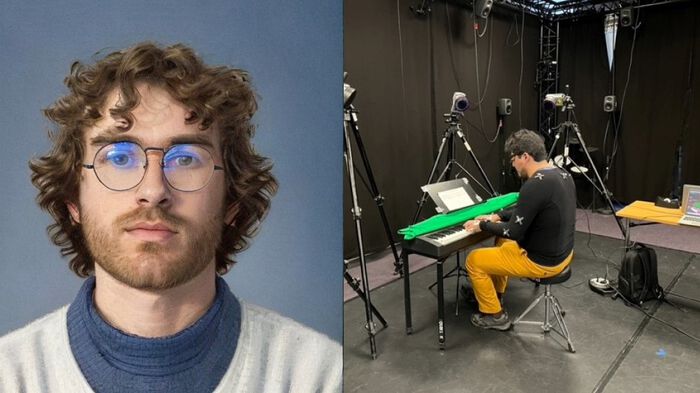 Portrait photo of Sylvain Estebe to the left, person (Pedro Pablo Lucas Bravo) in MoCap lab sat by keyboard with camereas around
