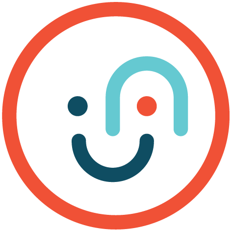 A smiling face. Formed by an orange circle and inside that two blue lines and two points. Illustration.