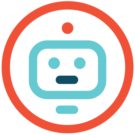 An orange circle and inside it a robot face. Illustration.