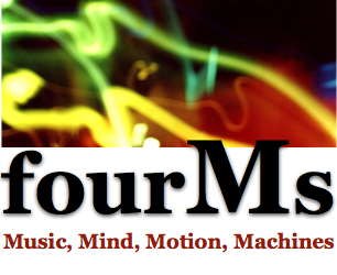 fourMs, music, mind, motion, machines st?r det med bokstaver. Utydelig bilde. Logo.