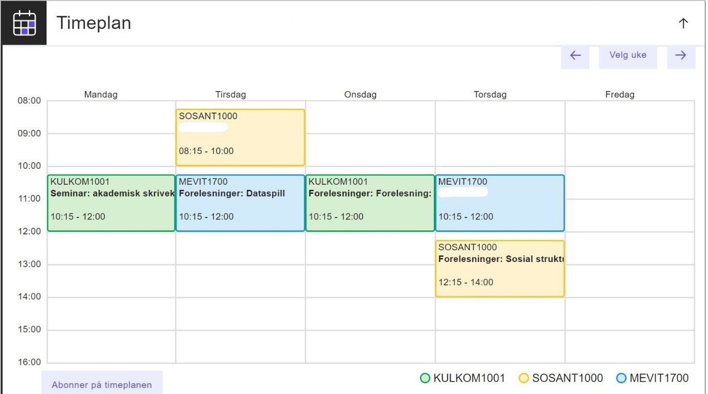 Kalender som viser ulike forelesninger i l?pet av en uke