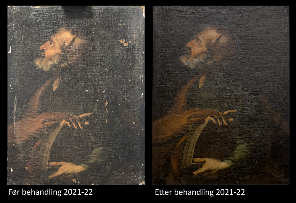 Bildet viser maleriet f?r og etter Helles behandling.