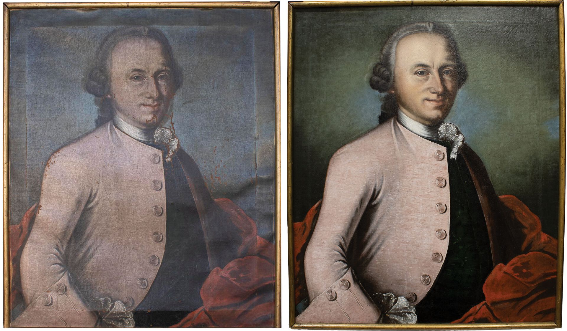 Bildet viser maleriet til Kaye f?r og etter behandling. Motivet er en mann med gr?, kr?llet parykk og lys rosa jakke. Bildet er klarere etter behandling.